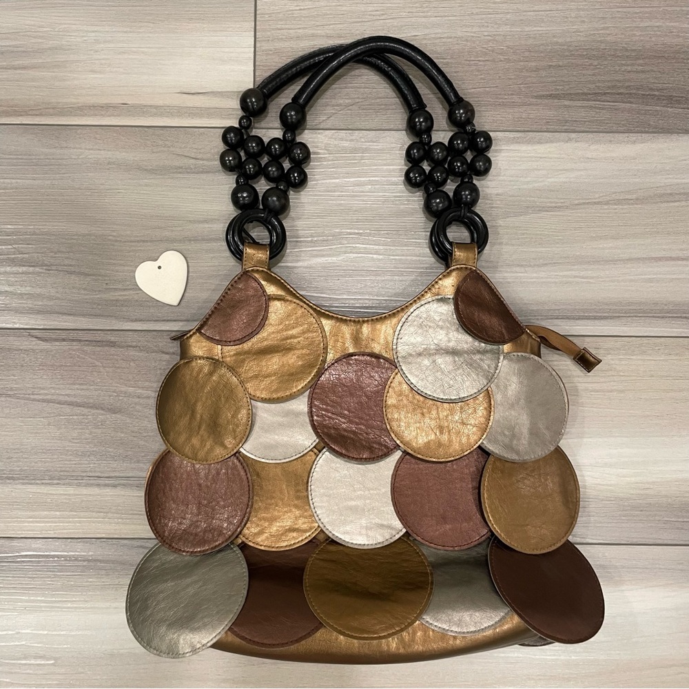 GAL Shoulder Bag with Metallic Circles and Handles with Wooden Rings and Beads